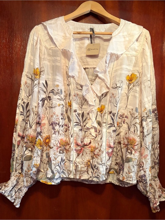 Anthropologie Tops - Anthropologie White Floral Ruffle V-Neck Blouse with Yellow & Pink Accents